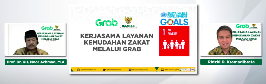 Prof. Dr. KH. Noor Achmad, M.A, Ketua BAZNAS dan Ridzki Kramadibrata, President Director of Grab Indonesia saat peresmian kerja sama layanan zakat digital antara Grab dan BAZNAS
