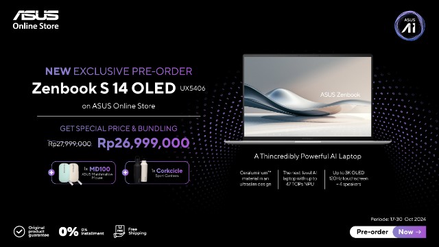 ASUS Zenbook S 14 OLED, Laptop Tipis Premium Terbaik, Sudah Dapat Dipesan