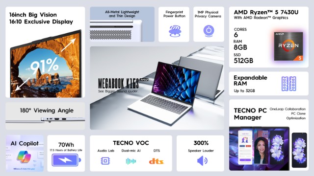 TECNO Luncurkan MEGABOOK K16S untuk Generasi Muda, Hadirkan Performa dan Desain Modern